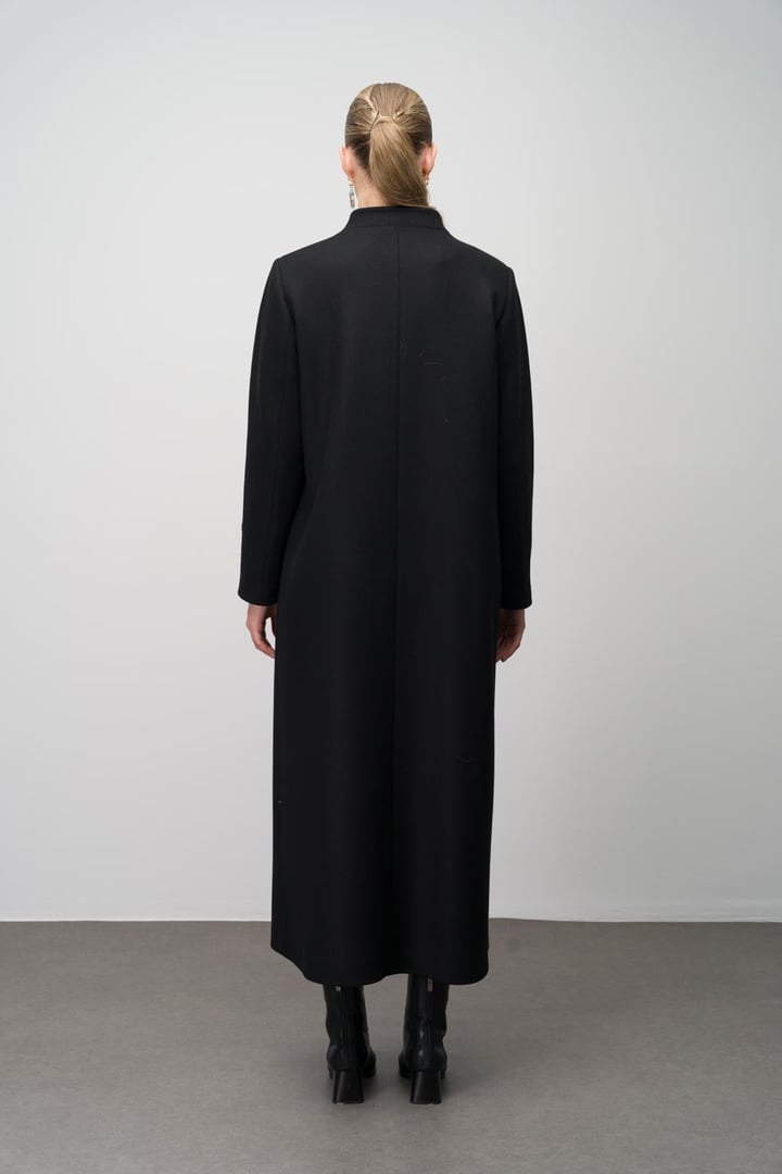 Wool Blend Plus Size Overcoat with Grandad Collar and Embroidered Detail BLACK 6632