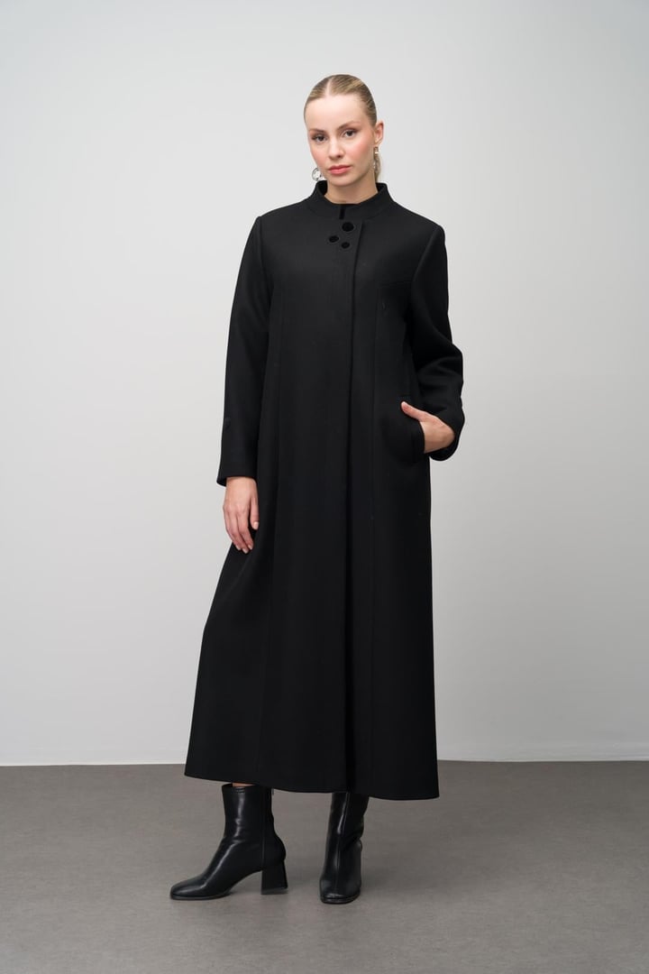 Wool Blend Plus Size Overcoat with Grandad Collar and Embroidered Detail BLACK 6632