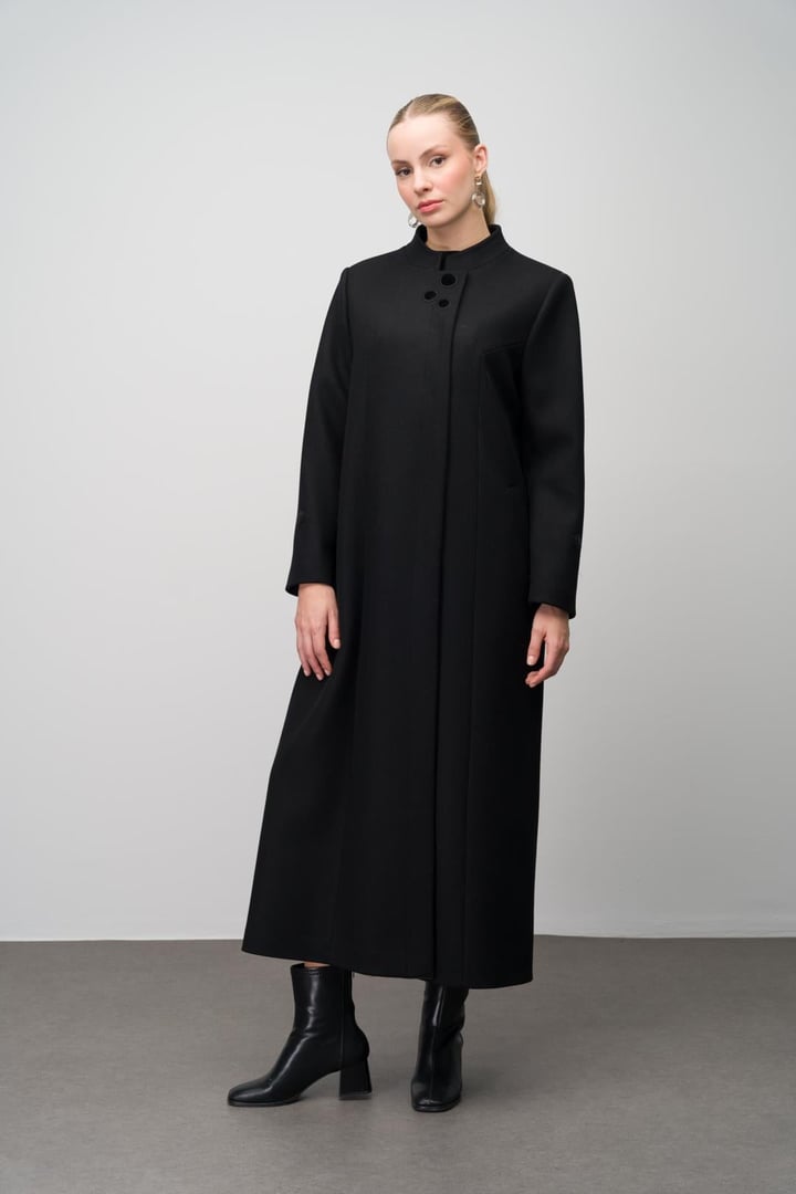 Wool Blend Plus Size Overcoat with Grandad Collar and Embroidered Detail BLACK 6632