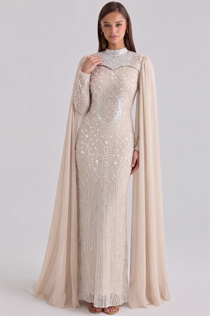 İnci ve Pul Desenli Çıkabilen Pelerin Detaylı Exclusive Tesettür Abiye Elbise TAŞ 1097