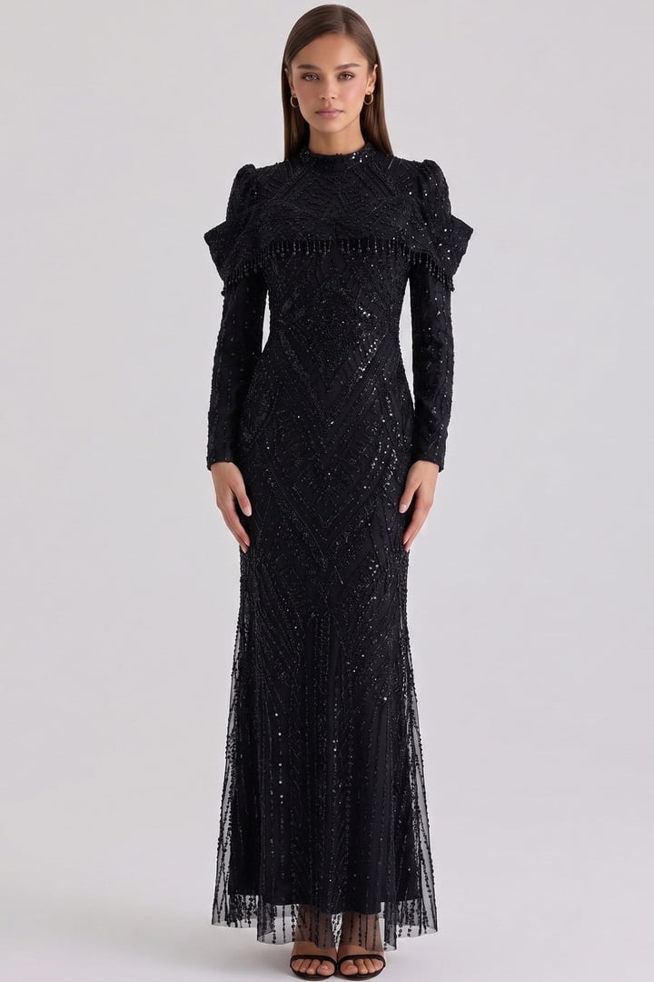 İnci ve Pul Desenli Exclusive Tesettür Abiye Elbise SİYAH 1090