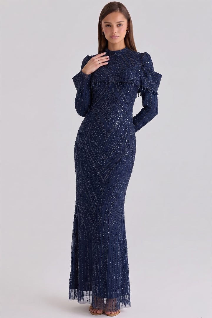 İnci ve Pul Desenli Exclusive Tesettür Abiye Elbise LACİVERT 1090