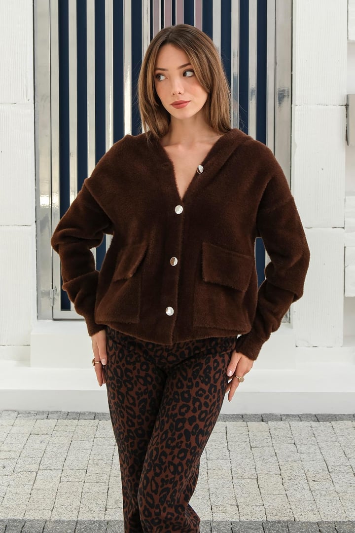 Hooded Lace Detailed Angora Look Oversize Jacket COFFEE 8273