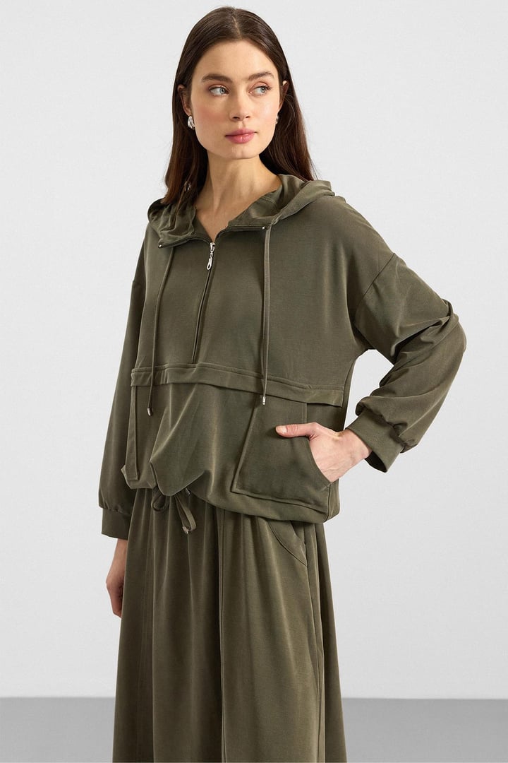 Kapüşonlu Bağcık Detaylı Premium Kumaş Sweat Etek Takım HAKİ 9403-TK