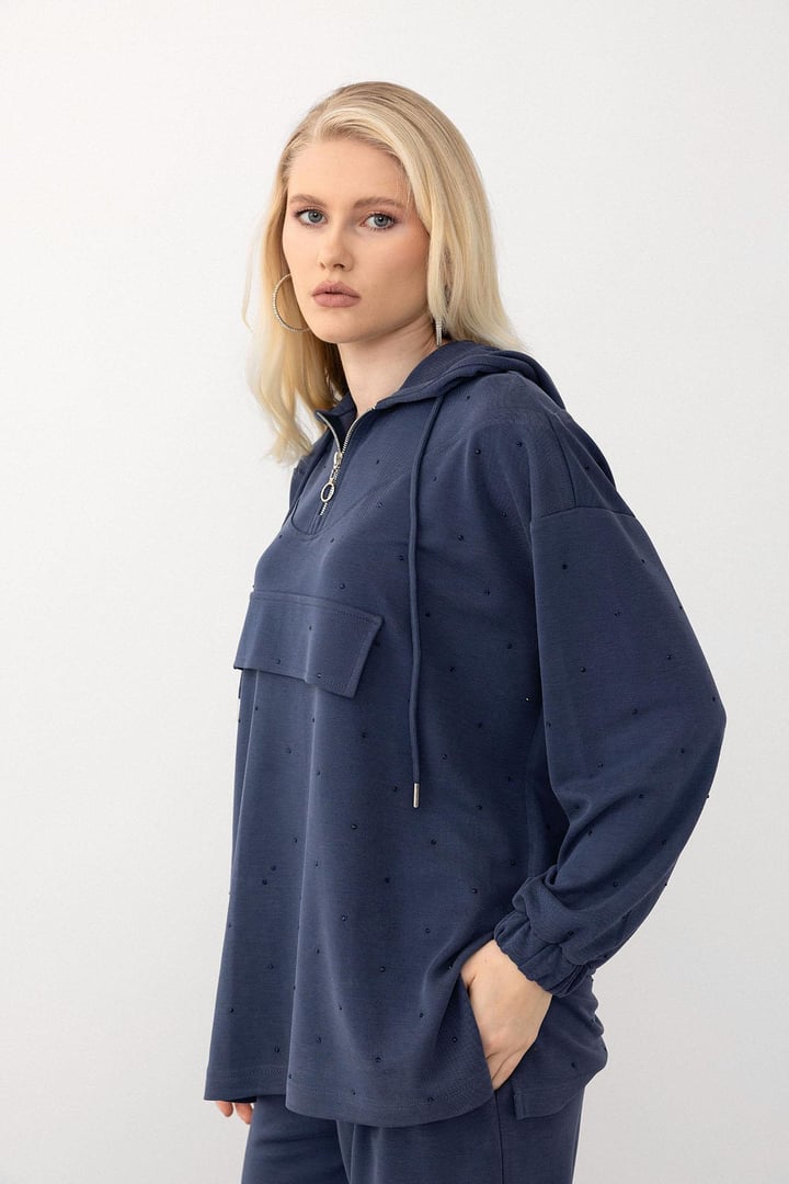 Kapüşonlu Taş Bezeli Premium Kumaş Sweat Pantolon Takım İNDİGO 7984-TK
