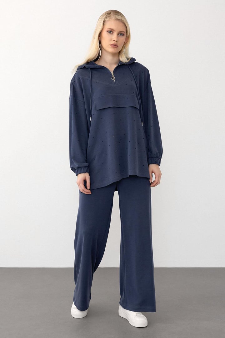 Kapüşonlu Taş Bezeli Premium Kumaş Sweat Pantolon Takım İNDİGO 7984-TK