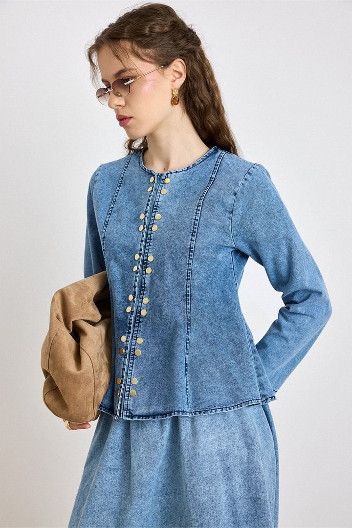 Metal Çıt Çıt Detaylı Ceket Etek Denim Takım MAVİ 9448-TK