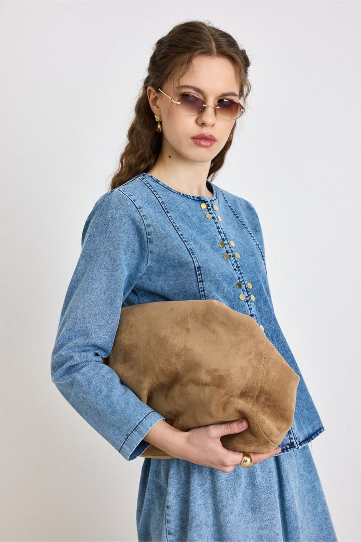 Metal Çıt Çıt Detaylı Ceket Etek Denim Takım MAVİ 9448-TK