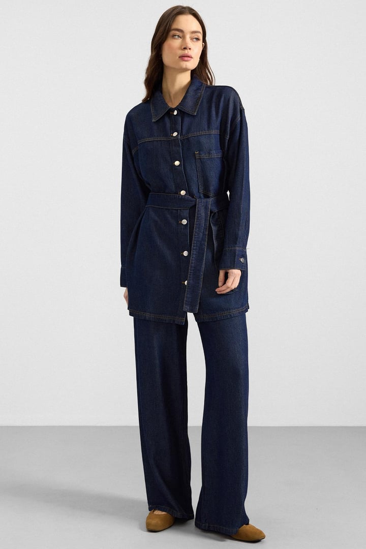 Metal Düğmeli Soft Denim Ceket Pantolon KOYU MAVİ 9401-TK