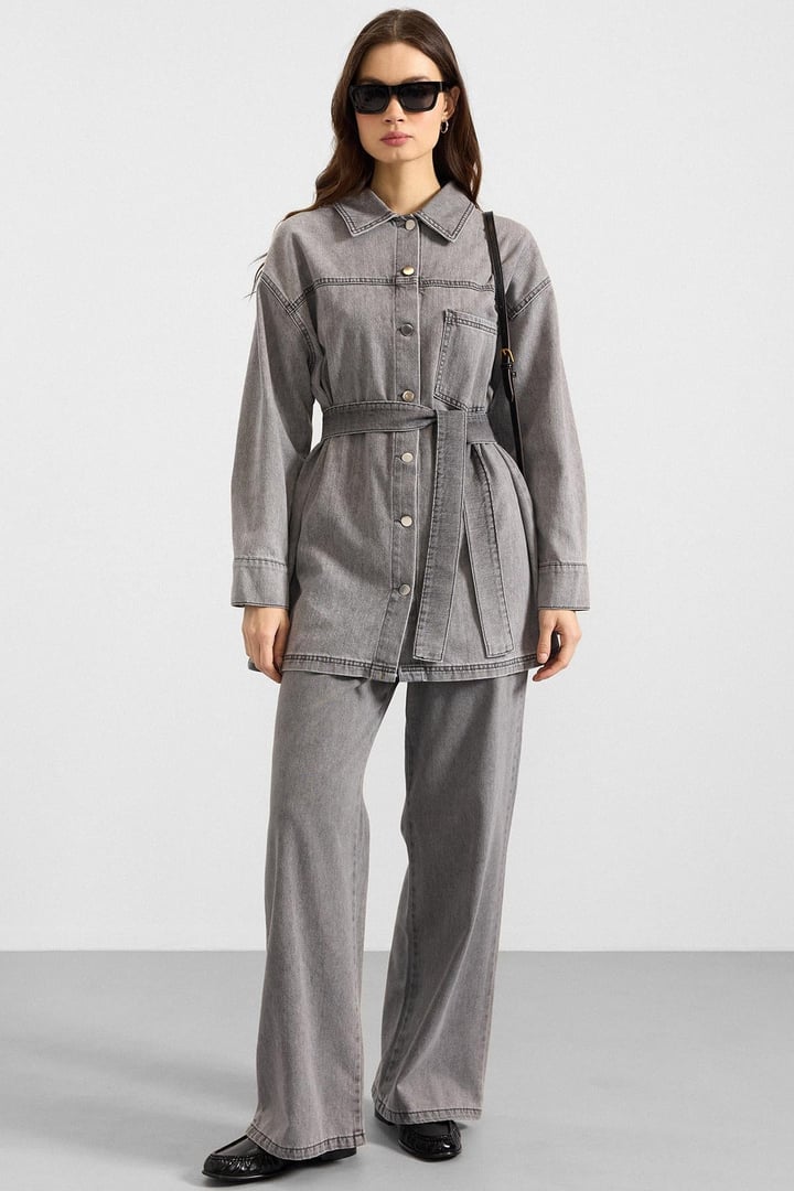 Metal Düğmeli Soft Denim Ceket Pantolon GRİ 9401-TK