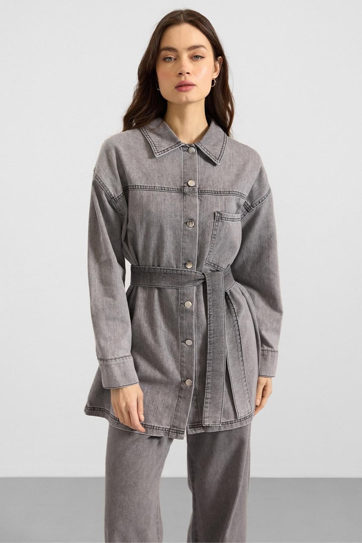 Metal Düğmeli Soft Denim Ceket Pantolon GRİ 9401-TK