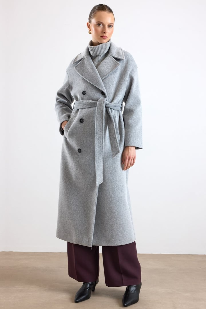 Oversize Düşük Kol Kruvaze Kaban AÇIK GRİ 3173
