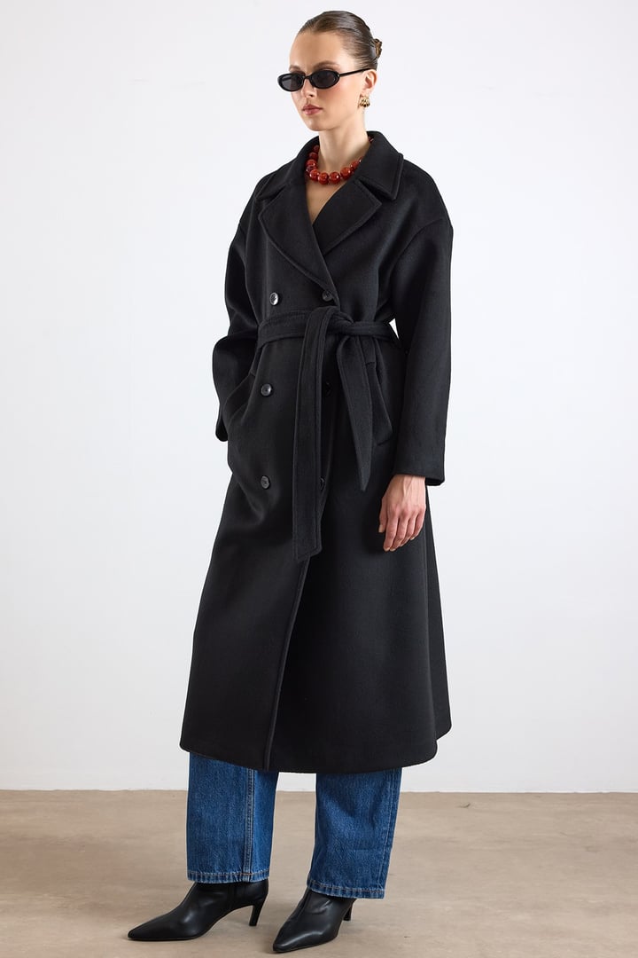 Oversize Düşük Kol Kruvaze Kaban SİYAH 3173