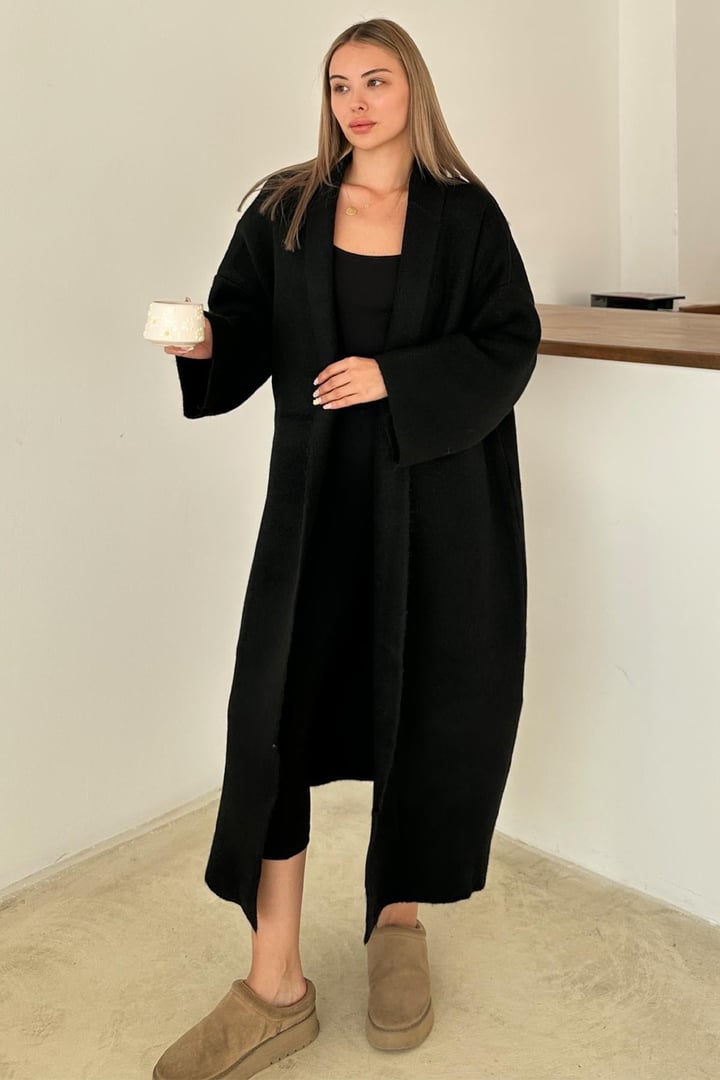 Oversize Kalın Triko Uzun Hırka SİYAH 8274