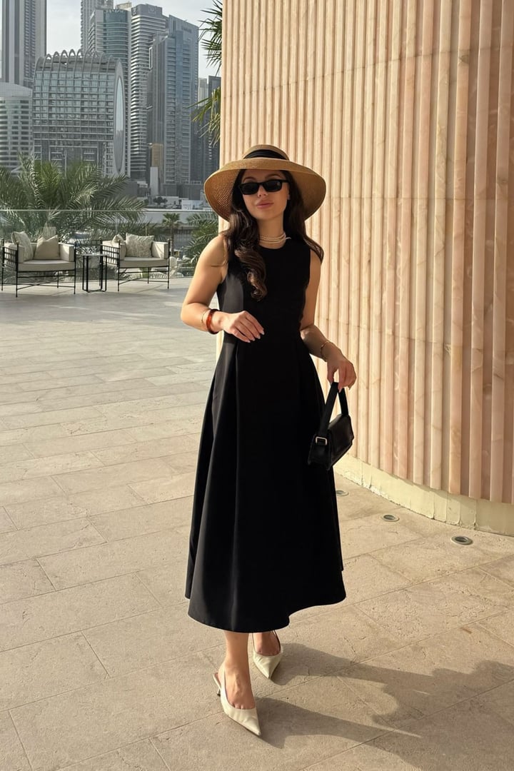 Pleated Check Detailed Midi Dress BLACK 9284-E