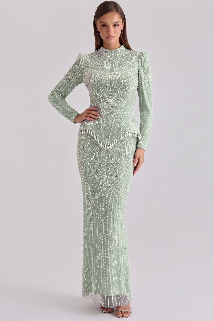 Pul ve İnci Desenli Exclusive Tesettür Abiye Elbise MİNT 1083