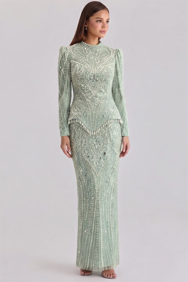 Pul ve İnci Desenli Exclusive Tesettür Abiye Elbise MİNT 1083