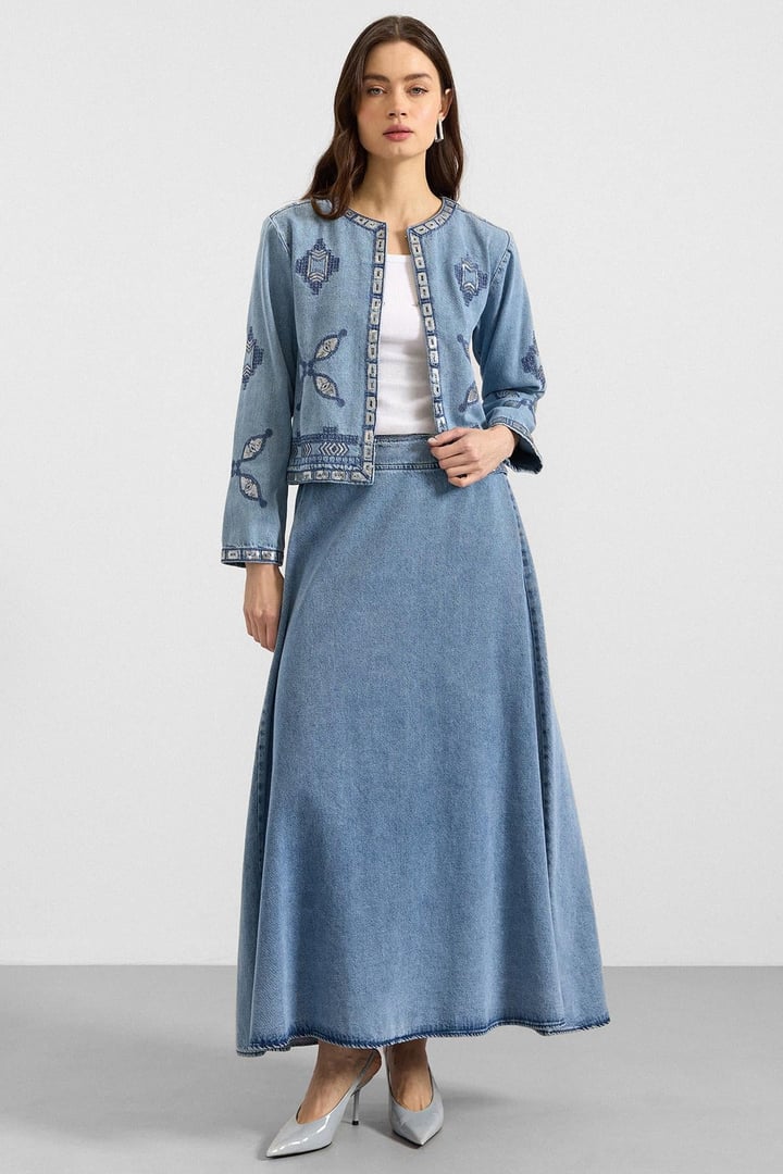 Pul ve Nakış Detaylı Etek Ceket Denim İkili Takım MAVİ 9388-TK