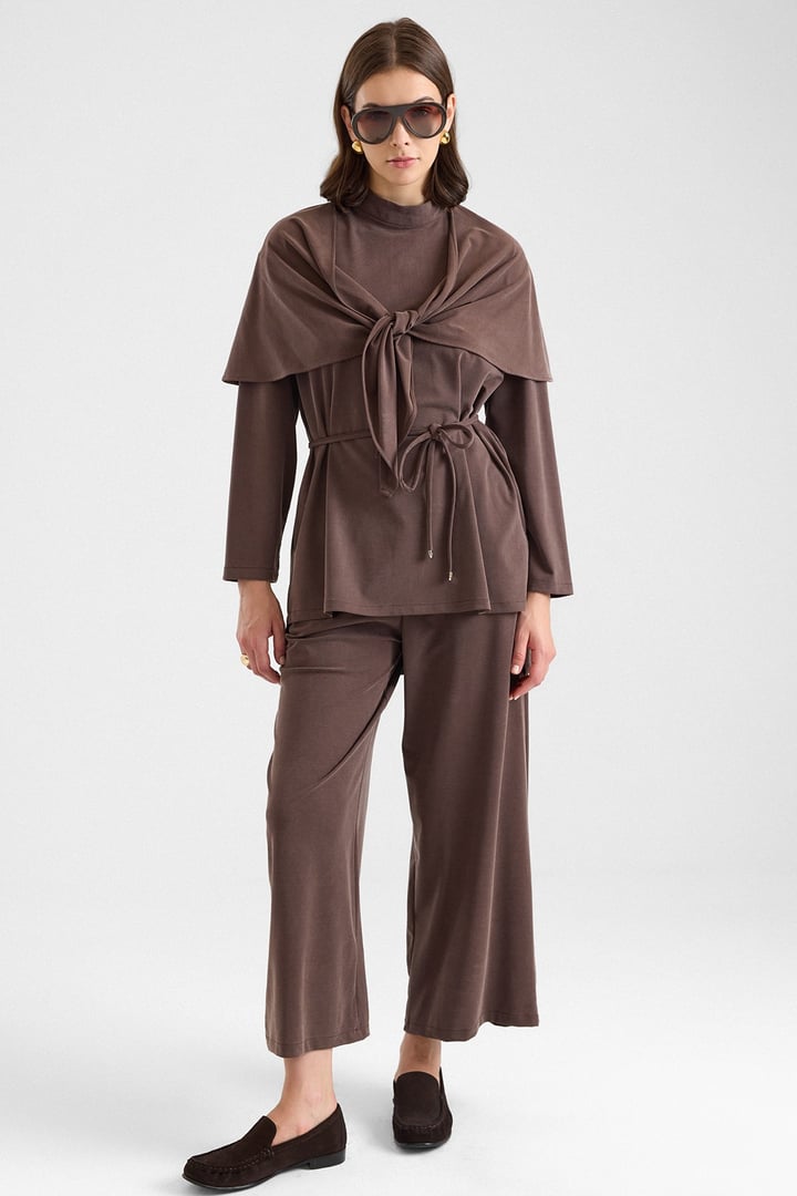 Şal Aksesuarlı Premium Kumaş Tunik Pantolon KAHVE 9470-TK