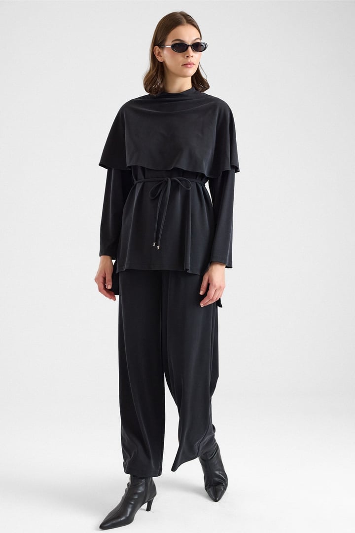 Şal Aksesuarlı Premium Kumaş Tunik Pantolon SİYAH 9470-TK