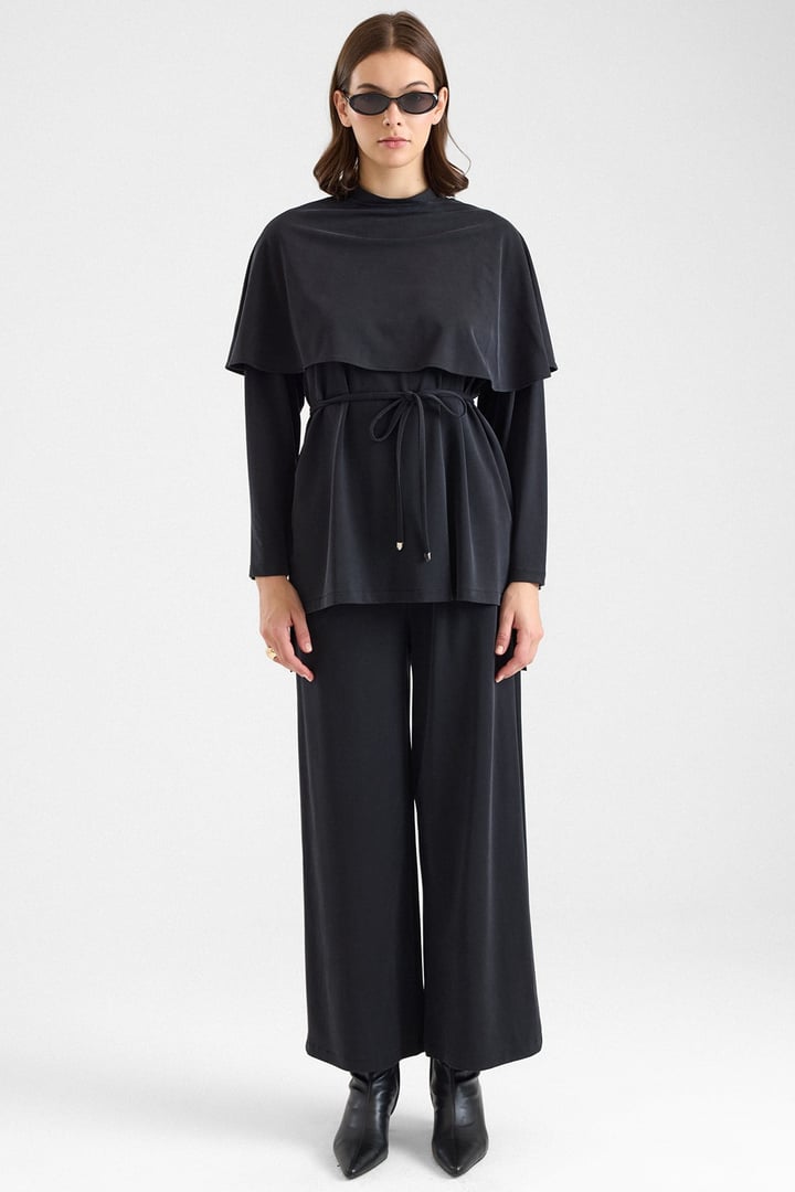Şal Aksesuarlı Premium Kumaş Tunik Pantolon SİYAH 9470-TK