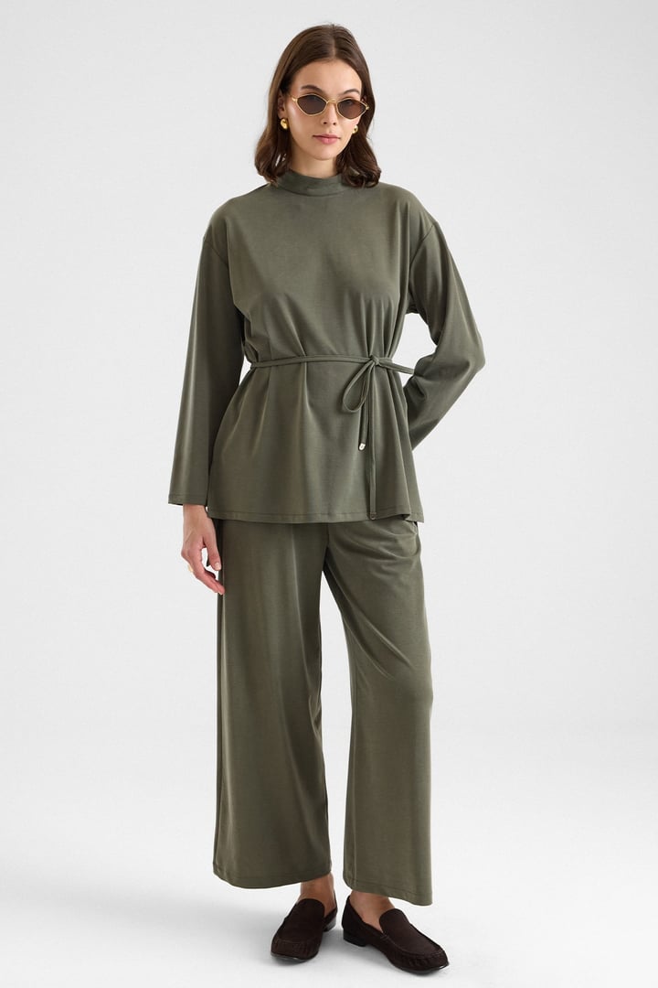 Şal Aksesuarlı Premium Kumaş Tunik Pantolon HAKİ 9470-TK