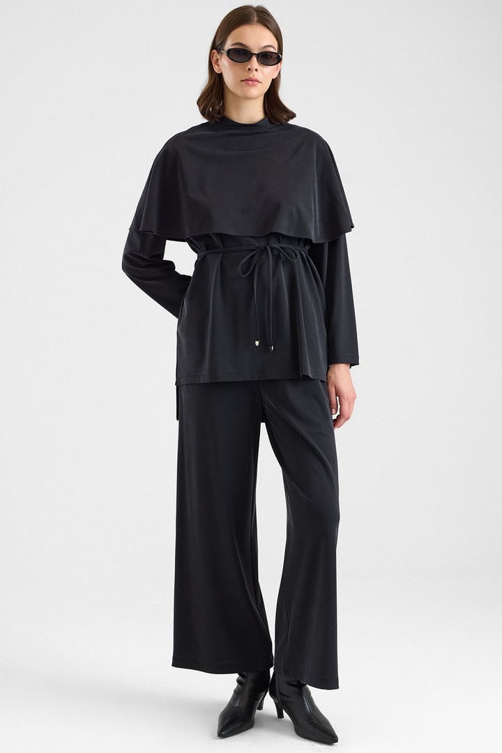 Şal Aksesuarlı Premium Kumaş Tunik Pantolon SİYAH 9470-TK
