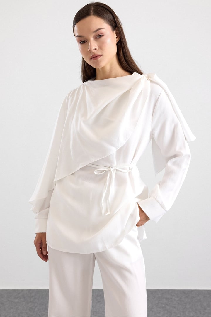 Şal Detaylı Bluz Pantolon Takım EKRU 9484-TK