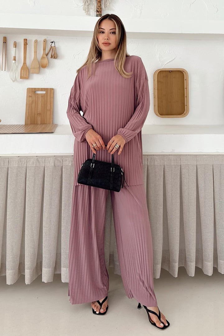 Sandy Kumaş Pliseli Tunik Pantolon İkili Takım PUDRA 9361-TK
