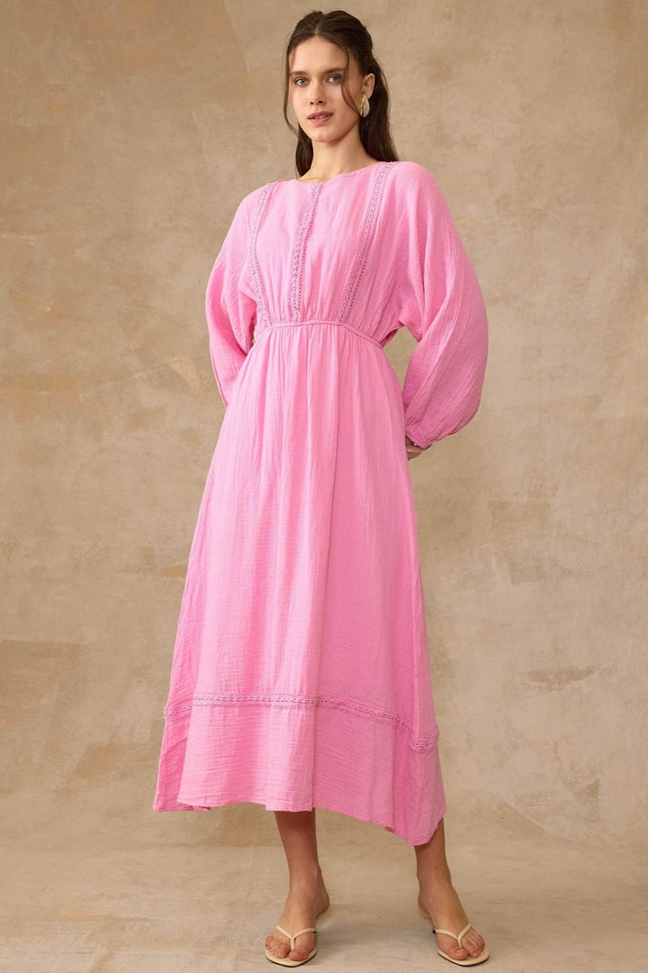 Şerit Detaylı Beli Lastikli Müslin Elbise PEMBE 9453-E