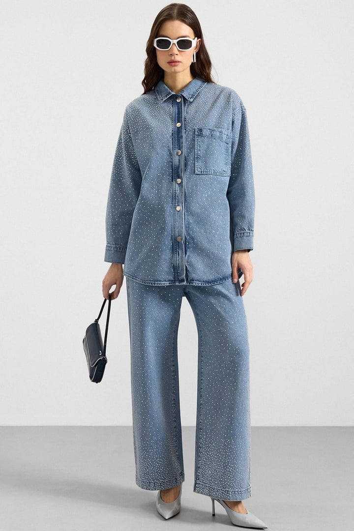 Taş Bezeli Ceket Pantolon Denim İkili Takım AÇIK MAVİ 9387-TK