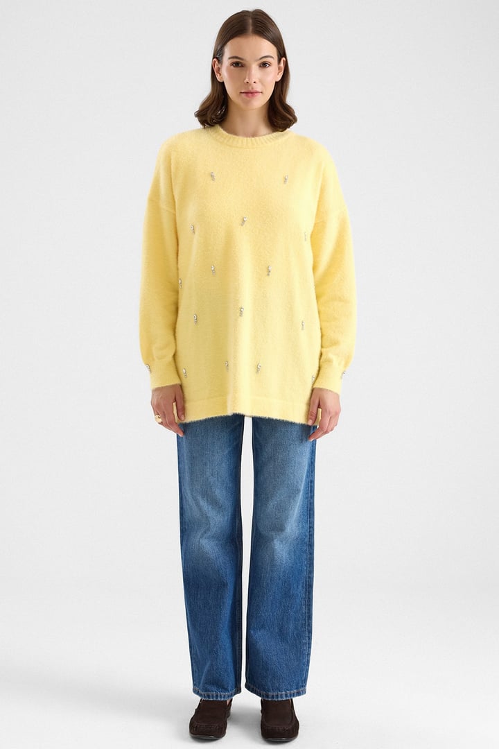 Taş Detaylı Soft Kumaş Oversize Triko Kazak SARI 8290