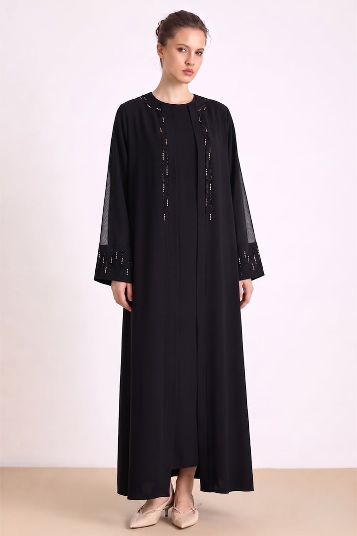 Taş ve Tül Detaylı Abaya Takım SİYAH 9450-TK