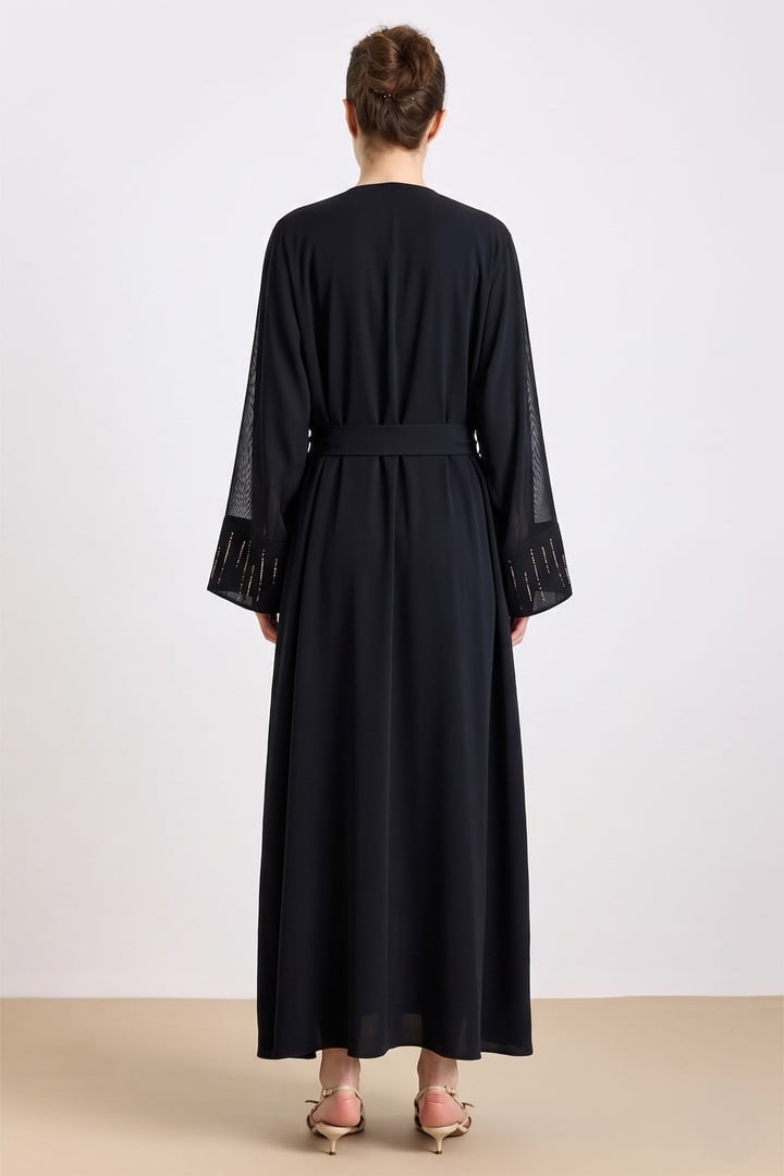 Taş ve Tül Detaylı Abaya Takım SİYAH 9450-TK