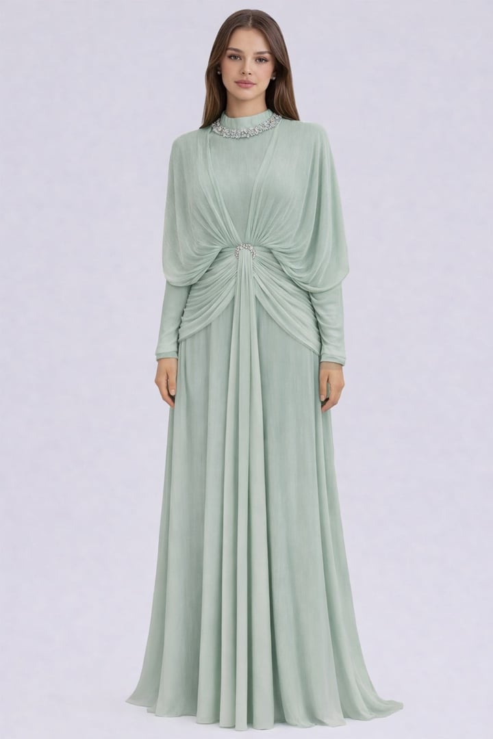 Taş ve Volan Detaylı Yoryo İpek Tesettür Abiye Elbise AÇIK YEŞİL 1254