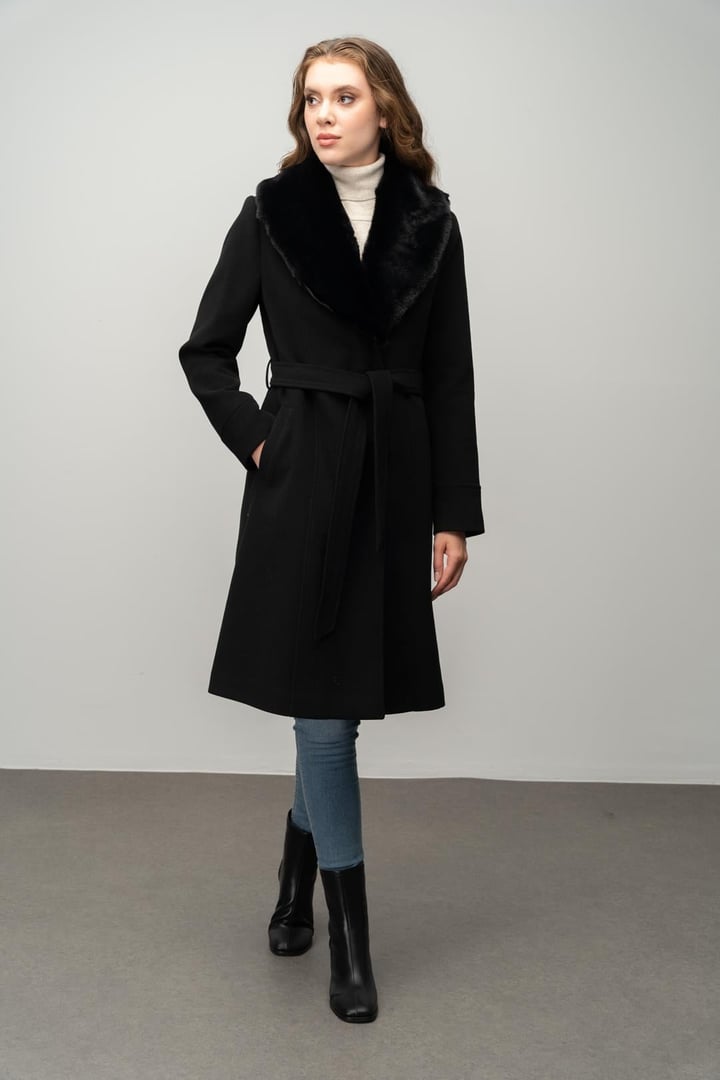 Furry Coat with Removable Collar, Snap Closure and Waist Belt BLACK 3016