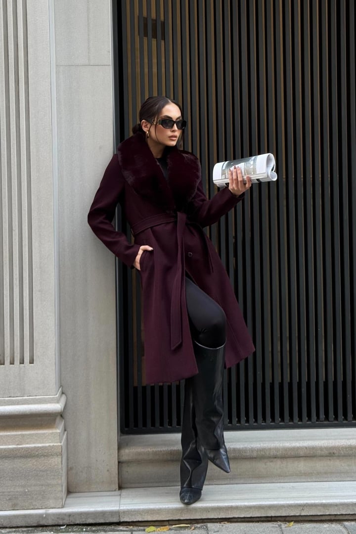 Furry Coat with Removable Collar, Snap Closure and Waist Belt DAMSON 3016