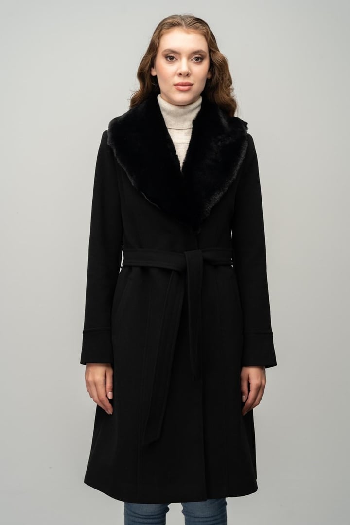 Furry Coat with Removable Collar, Snap Closure and Waist Belt BLACK 3016