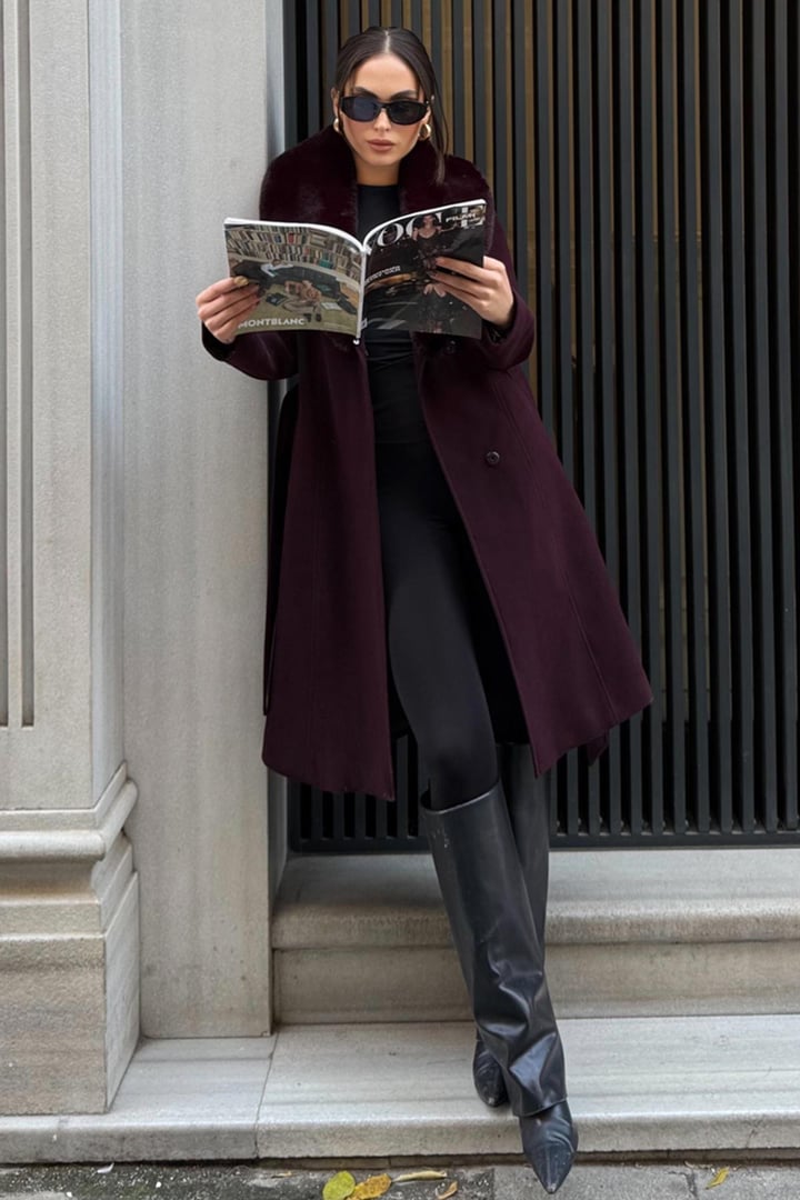 Furry Coat with Removable Collar, Snap Closure and Waist Belt DAMSON 3016