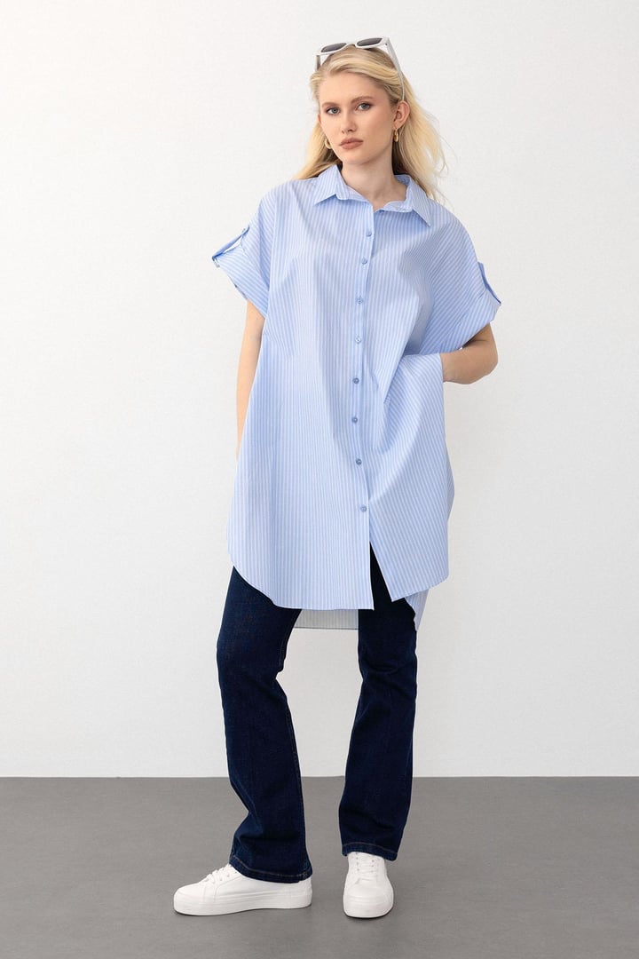 Yandan Yırtmaçlı Çizgili Poplin Tunik AÇIK MAVİ 9283