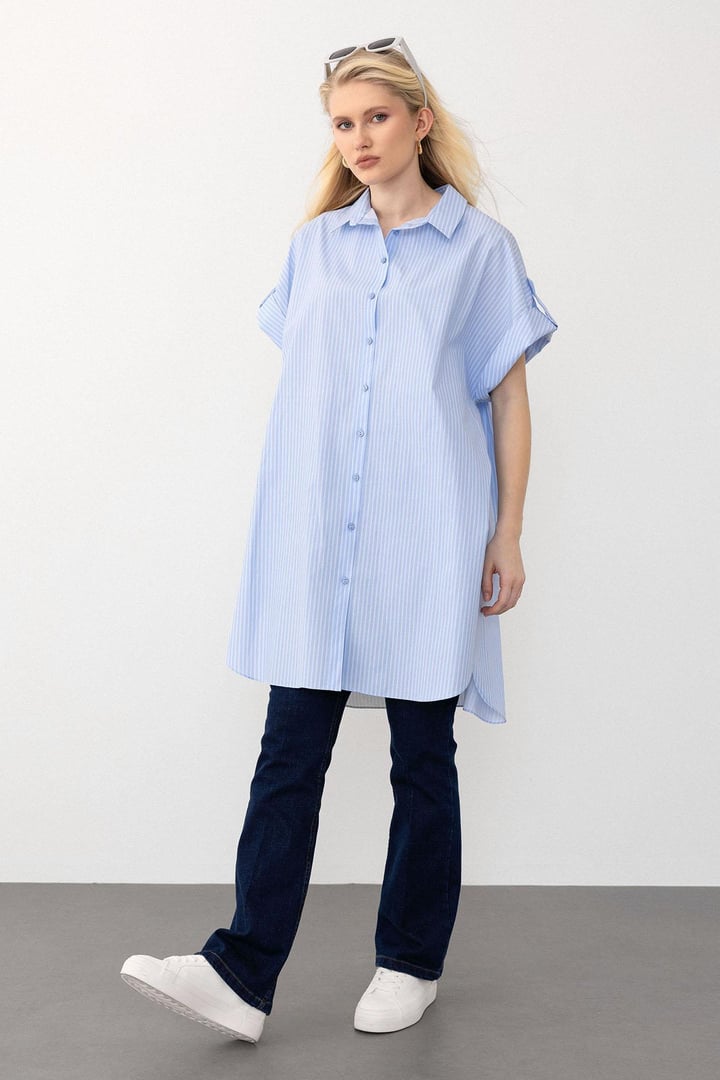 Yandan Yırtmaçlı Çizgili Poplin Tunik AÇIK MAVİ 9283