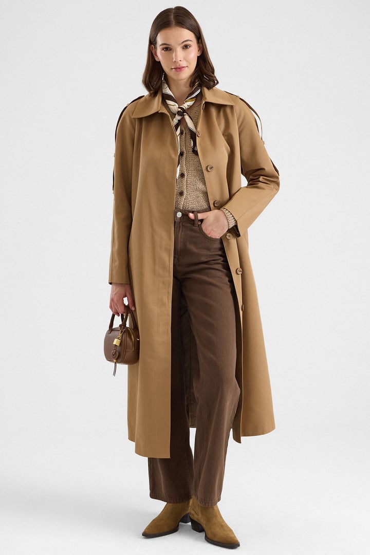 Apolet Detaylı Büyük Beden Su İtici Özellikli Uzun Trençkot KAMEL 6899