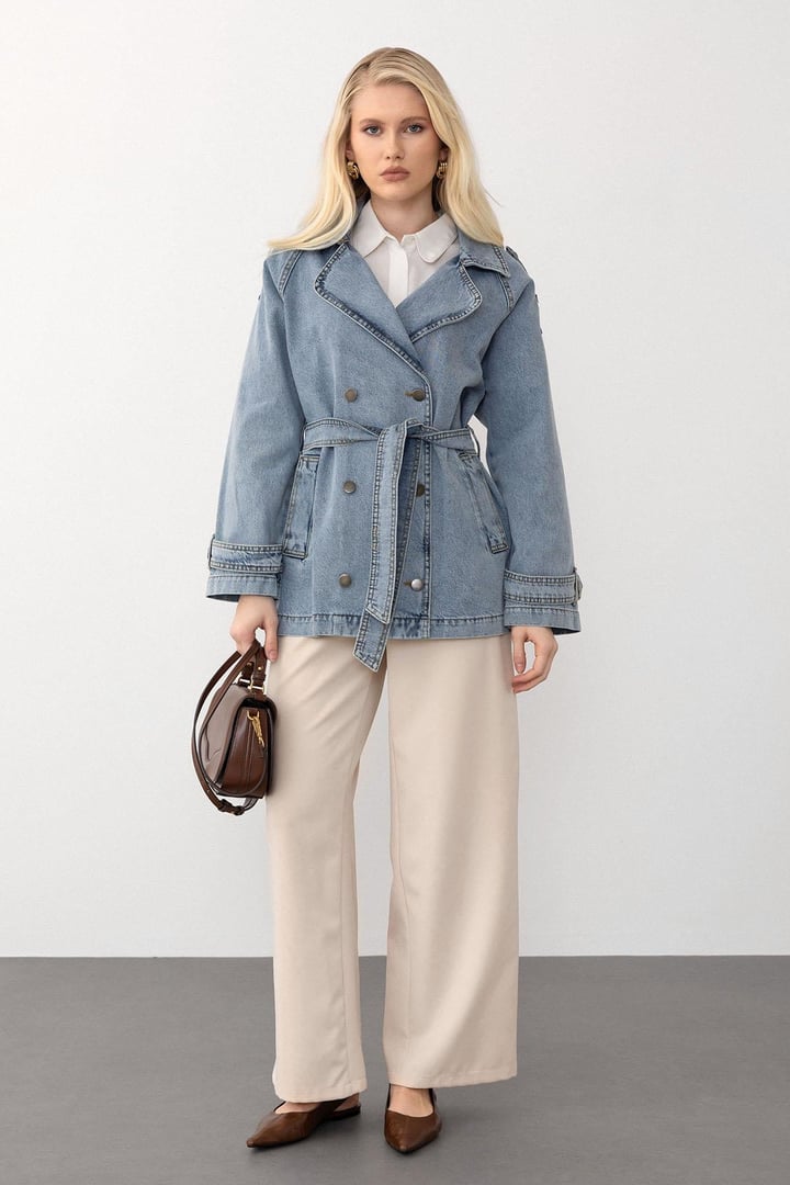 Apolet Detaylı Oversize Denim Ceket MAVİ 8251