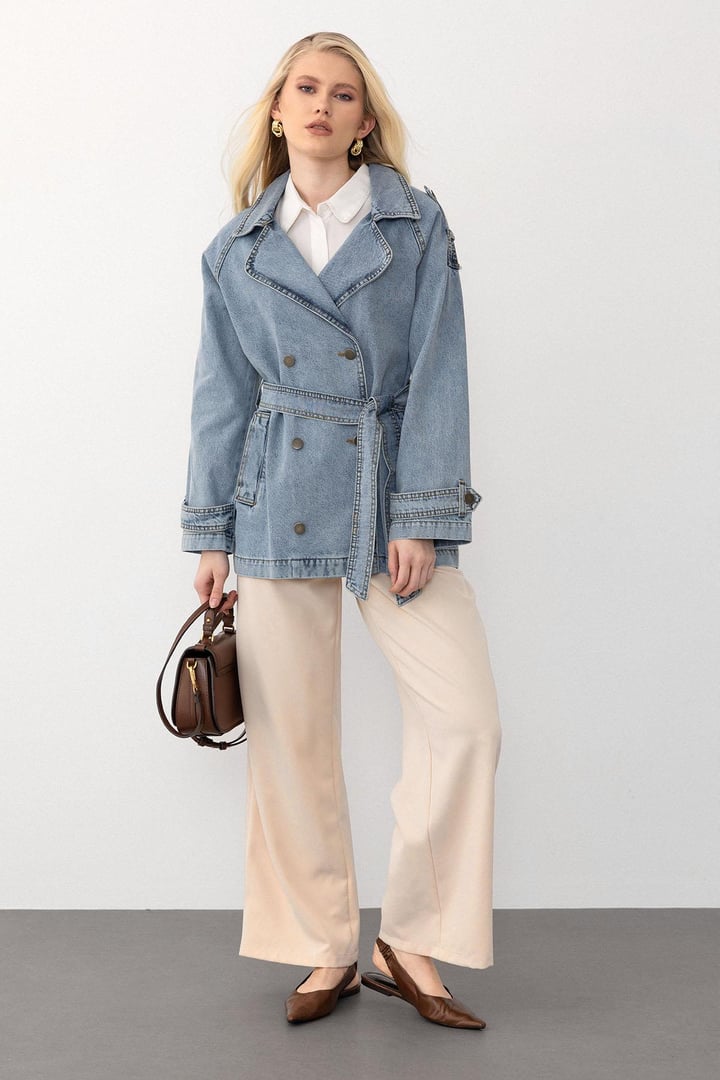 Apolet Detaylı Oversize Denim Ceket MAVİ 8251