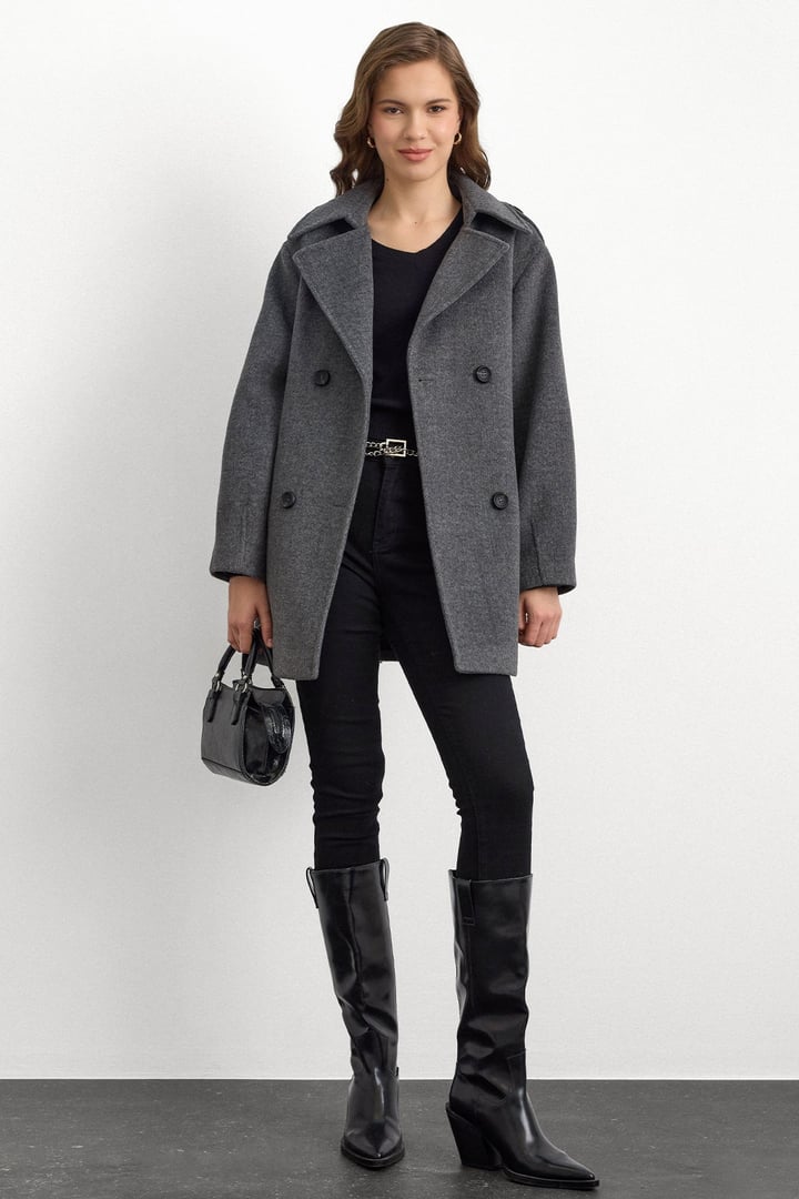 Apolet Detaylı Oversize Kısa Kaban KOYU GRİ 3149