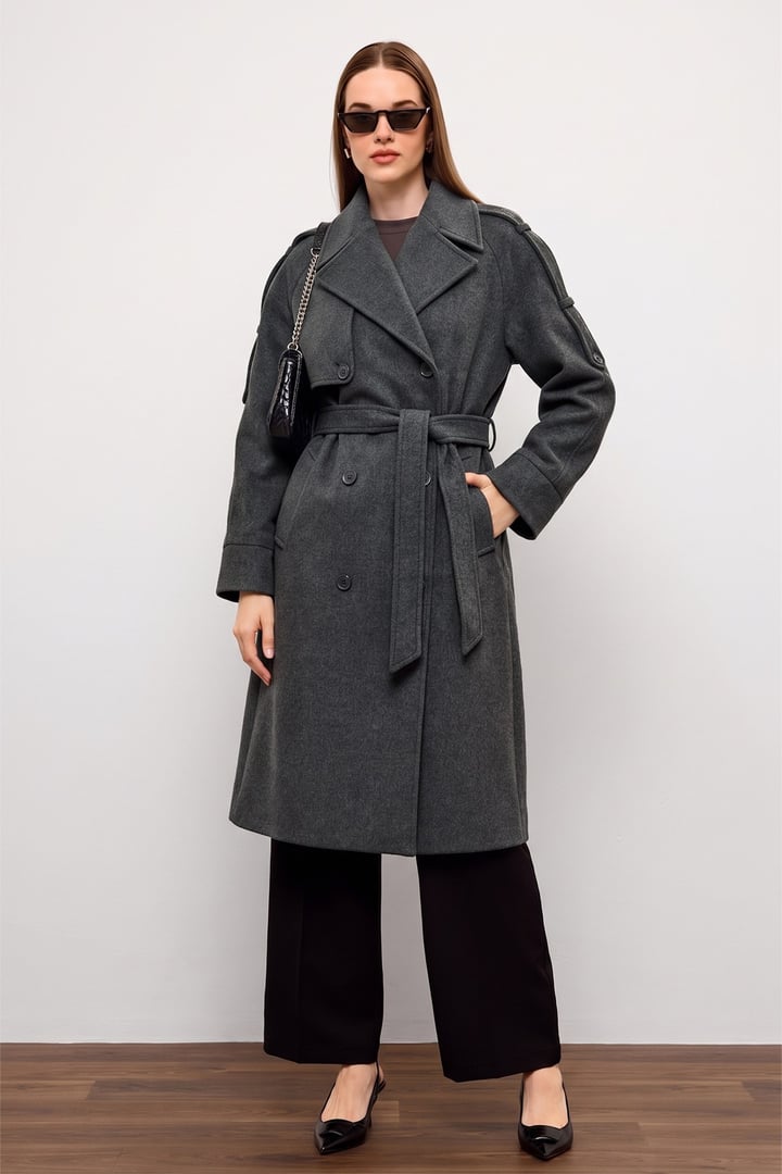 Apolet ve Pelerin Detaylı Oversize Kaban KOYU GRİ 3200