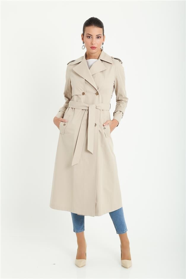 Apoletli Astarsız Reglan Kol Su İtici Özellikli Trençkot BEJ 6156