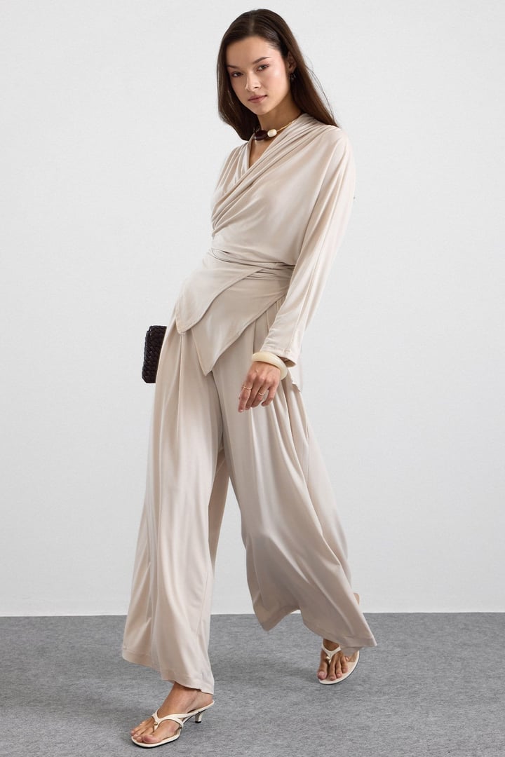 Asimetrik Kesim Şalvar Pantolon Kimono Takım BEJ 9475-TK