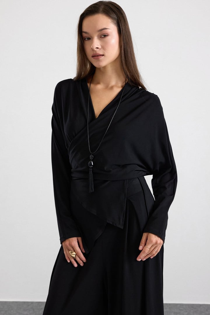Asimetrik Kesim Şalvar Pantolon Kimono Takım SİYAH 9475-TK
