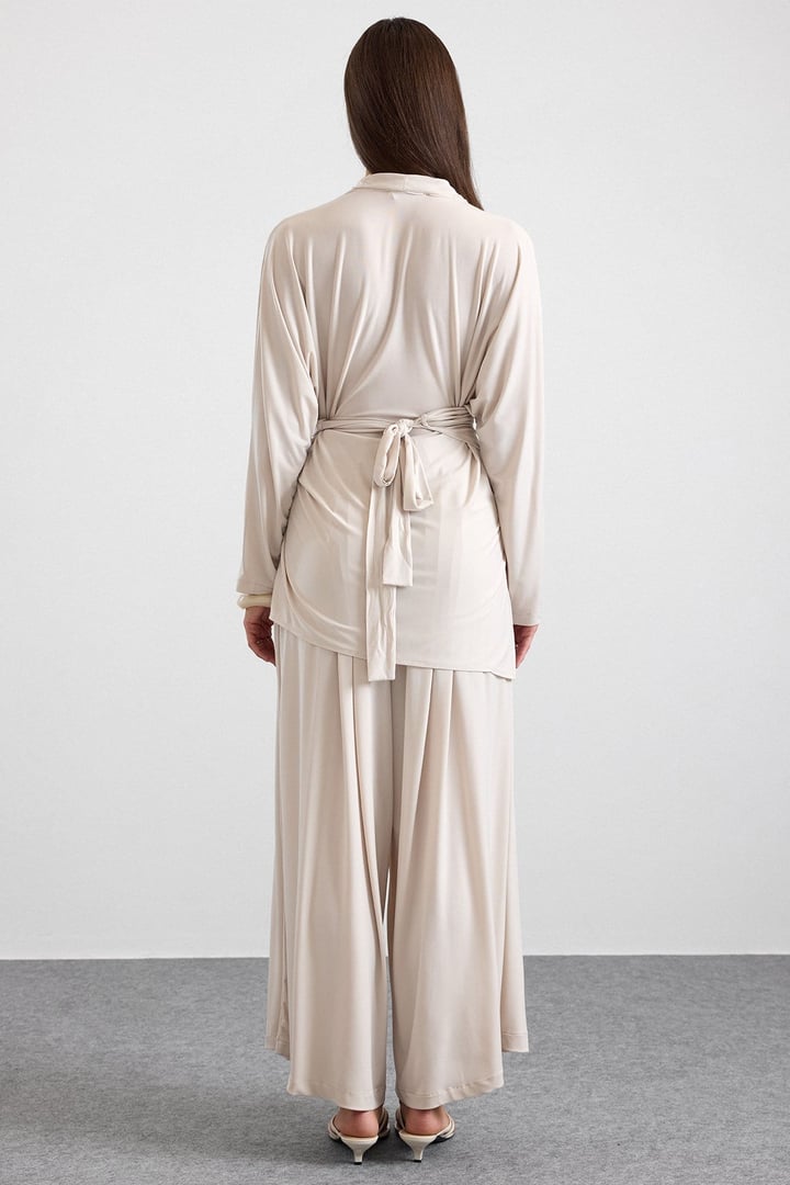 Asimetrik Kesim Şalvar Pantolon Kimono Takım BEJ 9475-TK